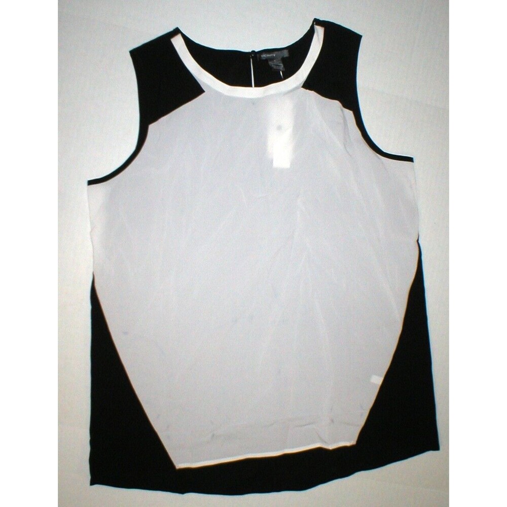 New Womens L NWT Vicinity Blouse Top Black White Front Sleeveless Ivory Office